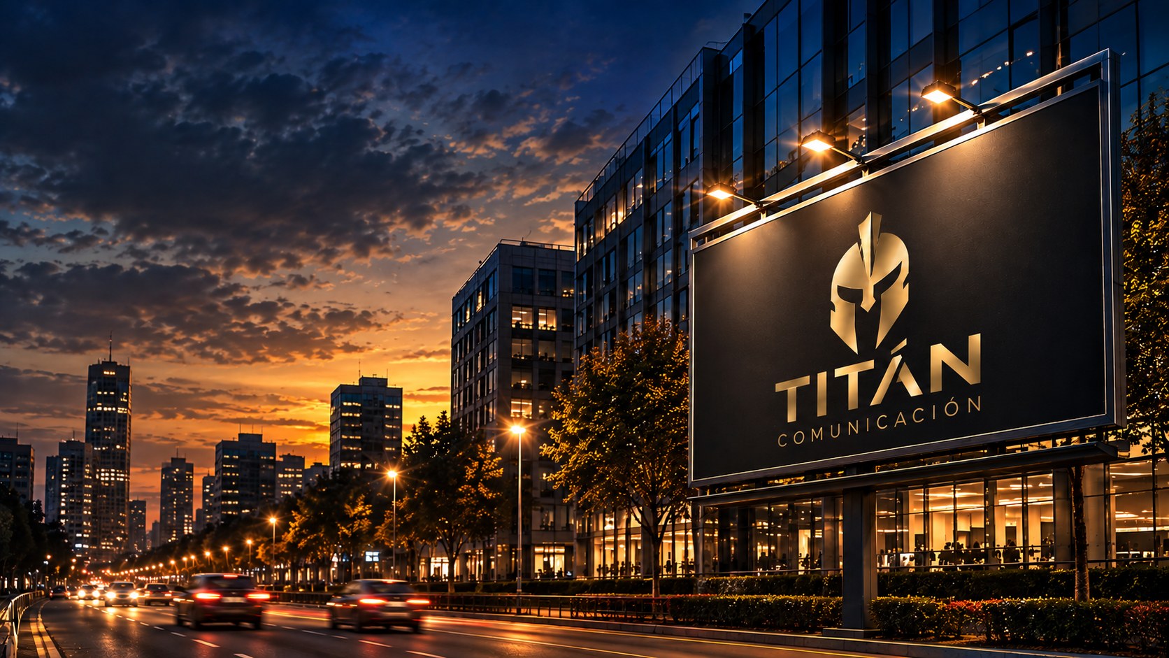 Valla publicitaria de TITÁN COMUNICACIÓN en una avenida urbana al atardecer